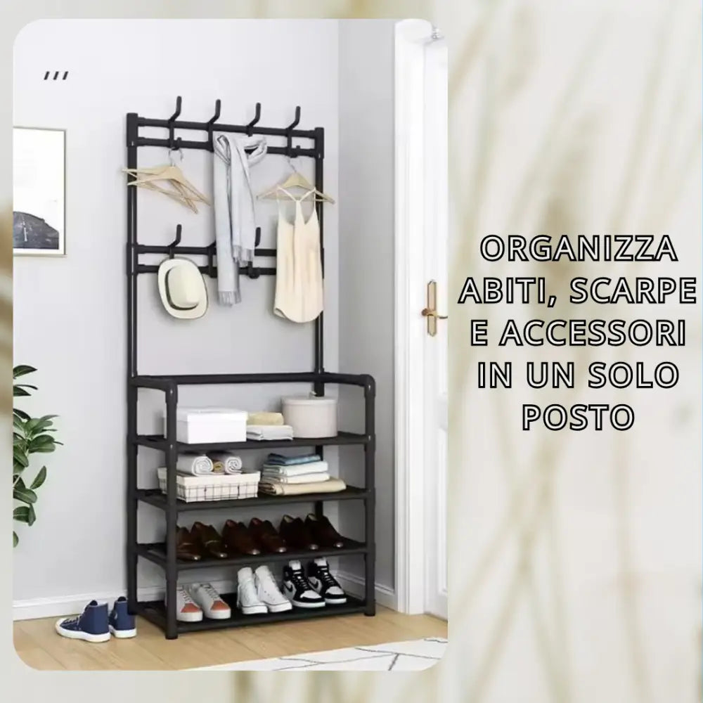 Mobile Salvaspazio con Mensole e Ganci Appendiabiti e Organizzatore per Scarpe in Tessuto | Soluzione Pratica