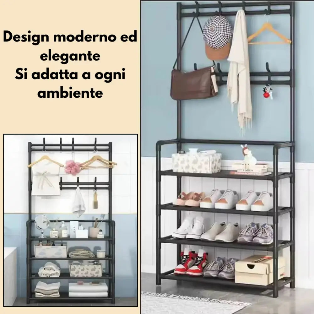 Mobile Salvaspazio con Mensole e Ganci Appendiabiti e Organizzatore per Scarpe in Tessuto | Soluzione Pratica