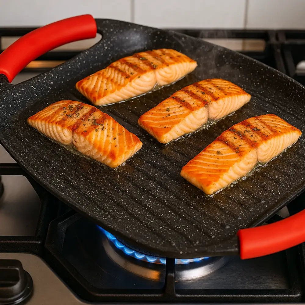 Padella Bistecchiera Antiaderente 47cm in Alluminio Pressofuso Rivestimento Effetto Marmo Griglia Induzione per Carne