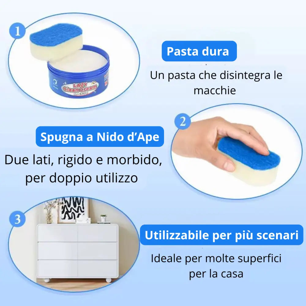 Pasta Pulente Multiuso 400g con Spugna + Panno Magico Microfibra Anticalcare Doccia Azione Antigoccia Brilla Acciaio