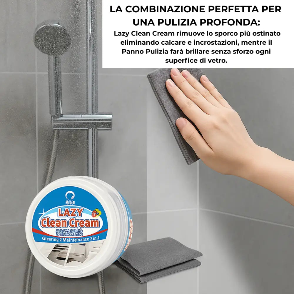 Pasta Pulente Multiuso 400g con Spugna + Panno Magico Microfibra Anticalcare Doccia Azione Antigoccia Brilla Acciaio
