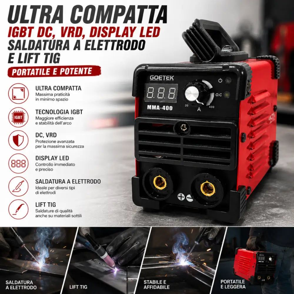 Saldatrice Inverter Mini MMA-400A Ultra Compatta | IGBT DC VRD Display LED MMA e Lift - Saldatrice