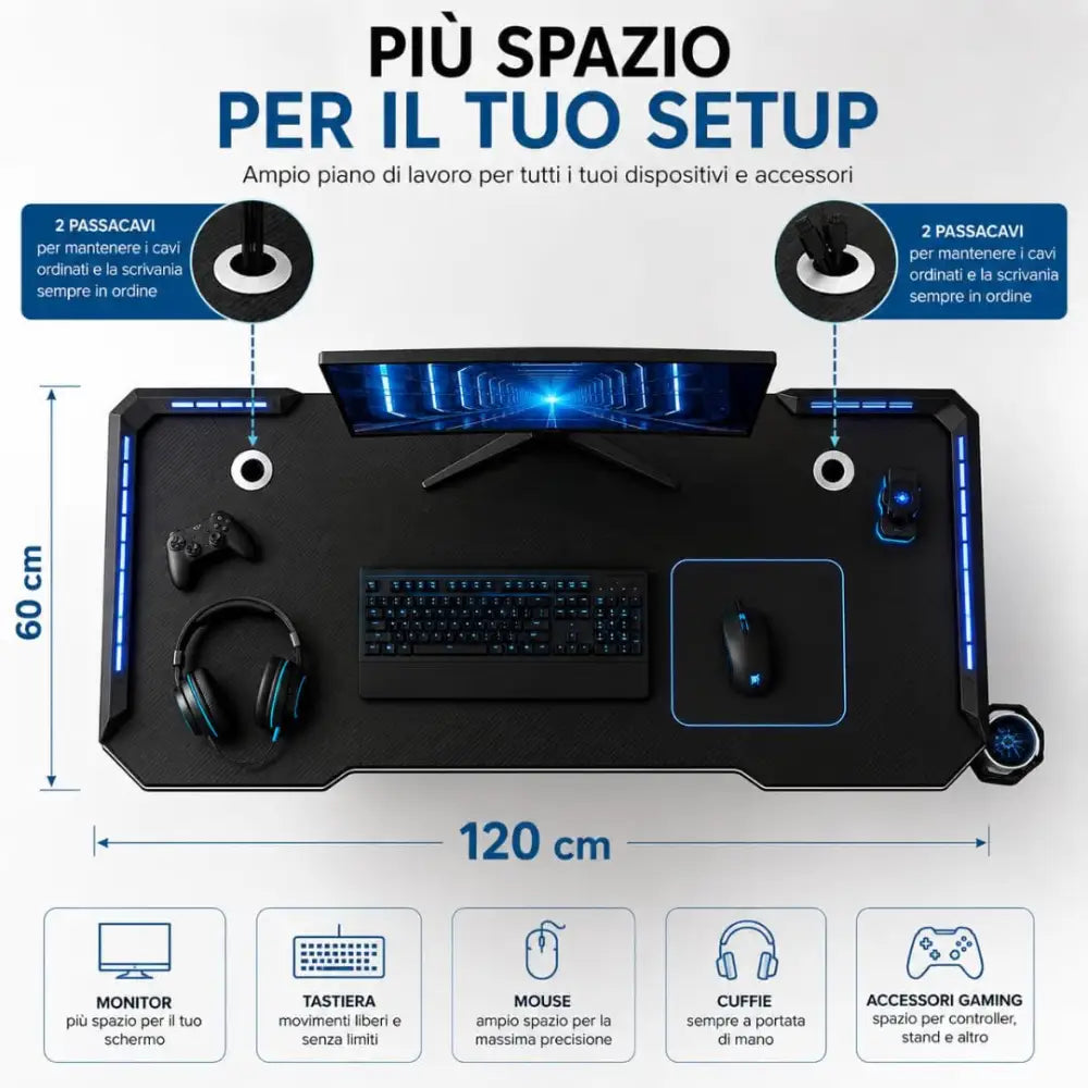Scrivania Gaming 120x60 cm con LED RGB Tavolo PC Effetto Fibra di Carbonio con Porta Cuffie e Porta Bicchiere
