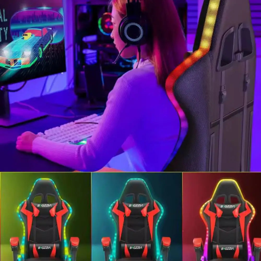 Sedia da Gaming RGB con Luci LED Poltrona Ufficio Ergonomica Girevole con Rotelle Poggiatesta e Cuscino Lombare