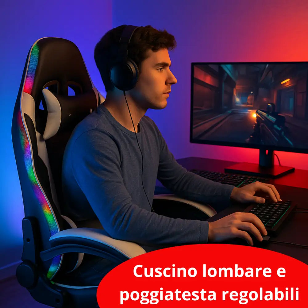 Sedia da Gaming RGB con Luci LED Poltrona Ufficio Ergonomica Girevole con Rotelle Poggiatesta e Cuscino Lombare