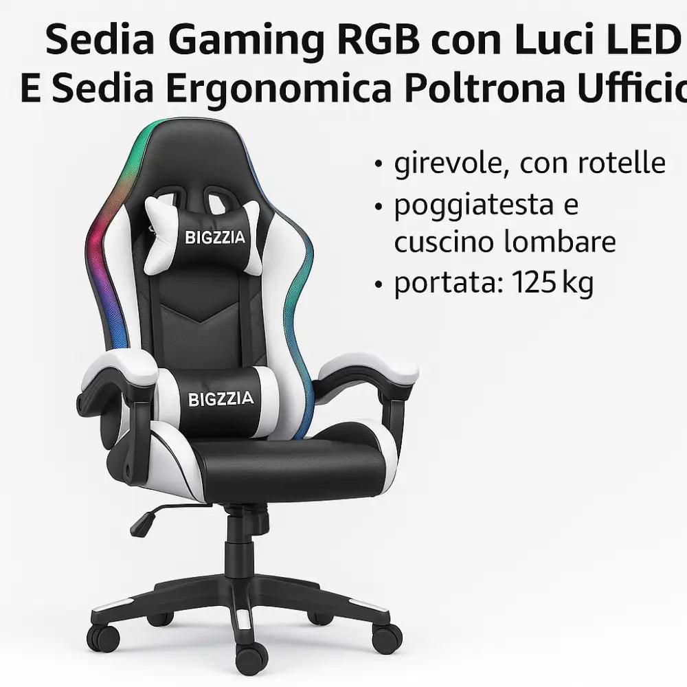 Sedia da Gaming RGB con Luci LED Poltrona Ufficio Ergonomica Girevole con Rotelle Poggiatesta e Cuscino Lombare