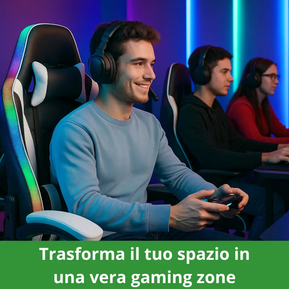 Sedia da Gaming RGB con Luci LED Poltrona Ufficio Ergonomica Girevole con Rotelle Poggiatesta e Cuscino Lombare