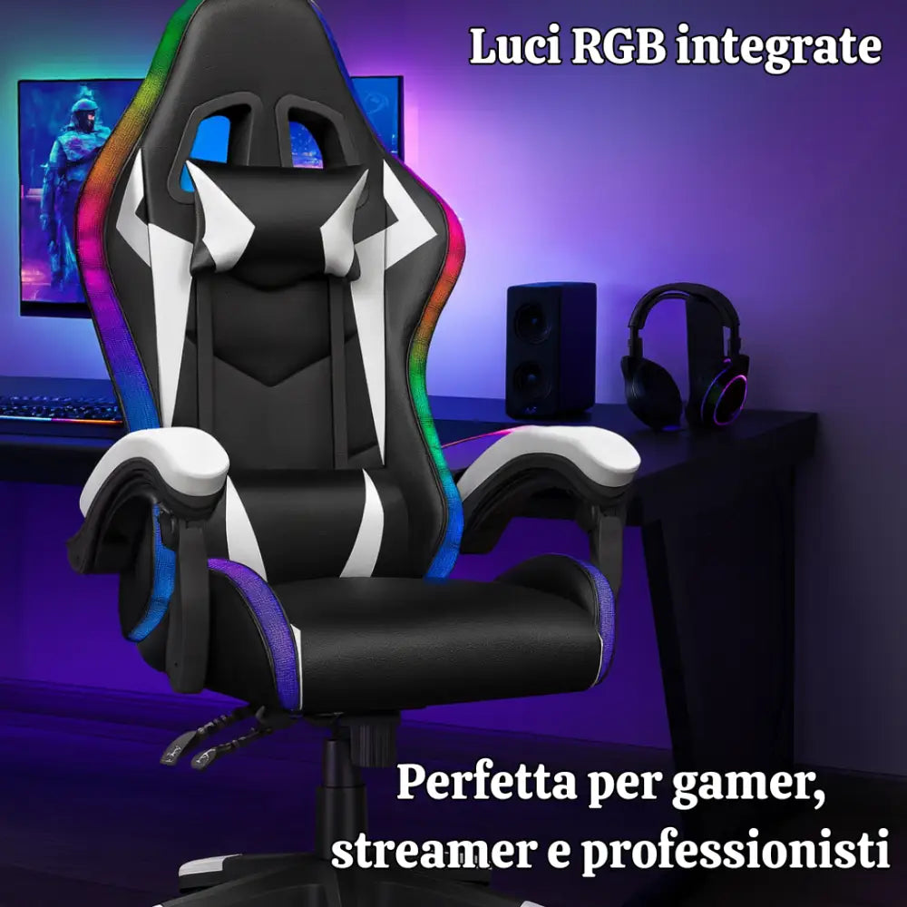 Sedia da Gaming RGB con Luci LED Poltrona Ufficio Ergonomica Girevole con Rotelle Poggiatesta e Cuscino Lombare