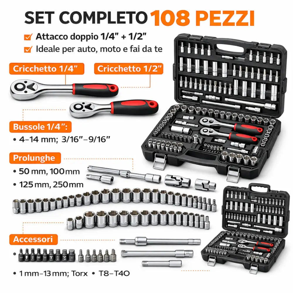 Set Chiavi a Bussola con Cricchetto Professionale 108 Pezzi 1/4” + 1/2” con Valigetta Portatile. - set chiavi a bussola