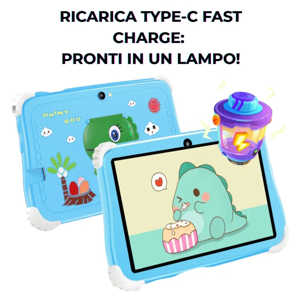 Tablet Bambini 7 Pollici – 256GB WiFi Ricarica Rapida Type-C Fotocamera 5MP Custodia Antiurto con Dino 3D – Tablet