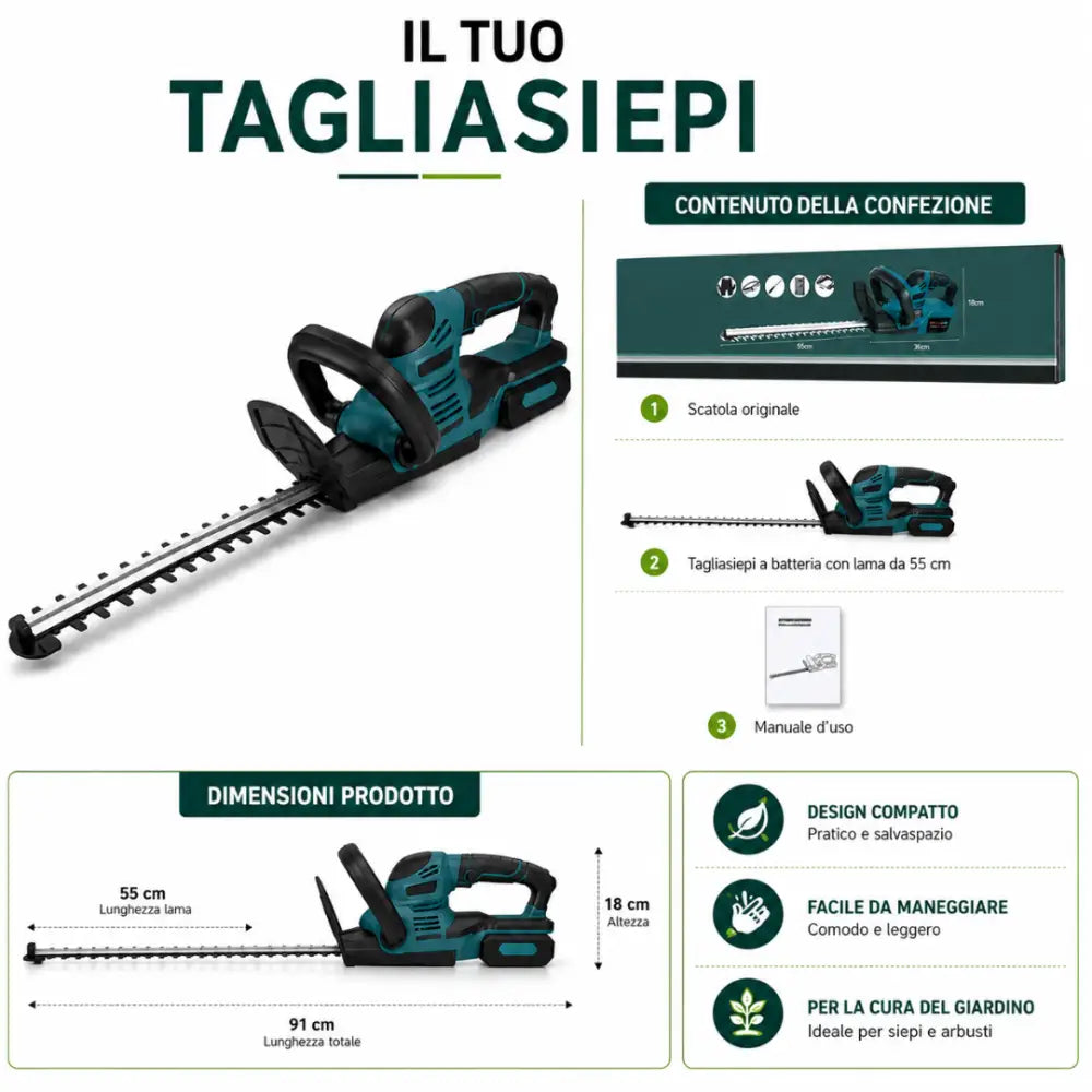 Tagliasiepi a Batteria con Lama da 55 cm 2 batterie 88v. - Tagliasiepi a Batteria