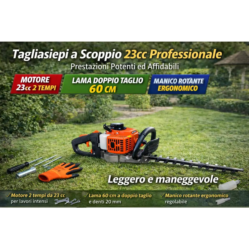 Tagliasiepi a Scoppio 23cc Professionale Lama 60 cm Manico Rotante Leggero e Potente - Tagliasiepi a Scoppio