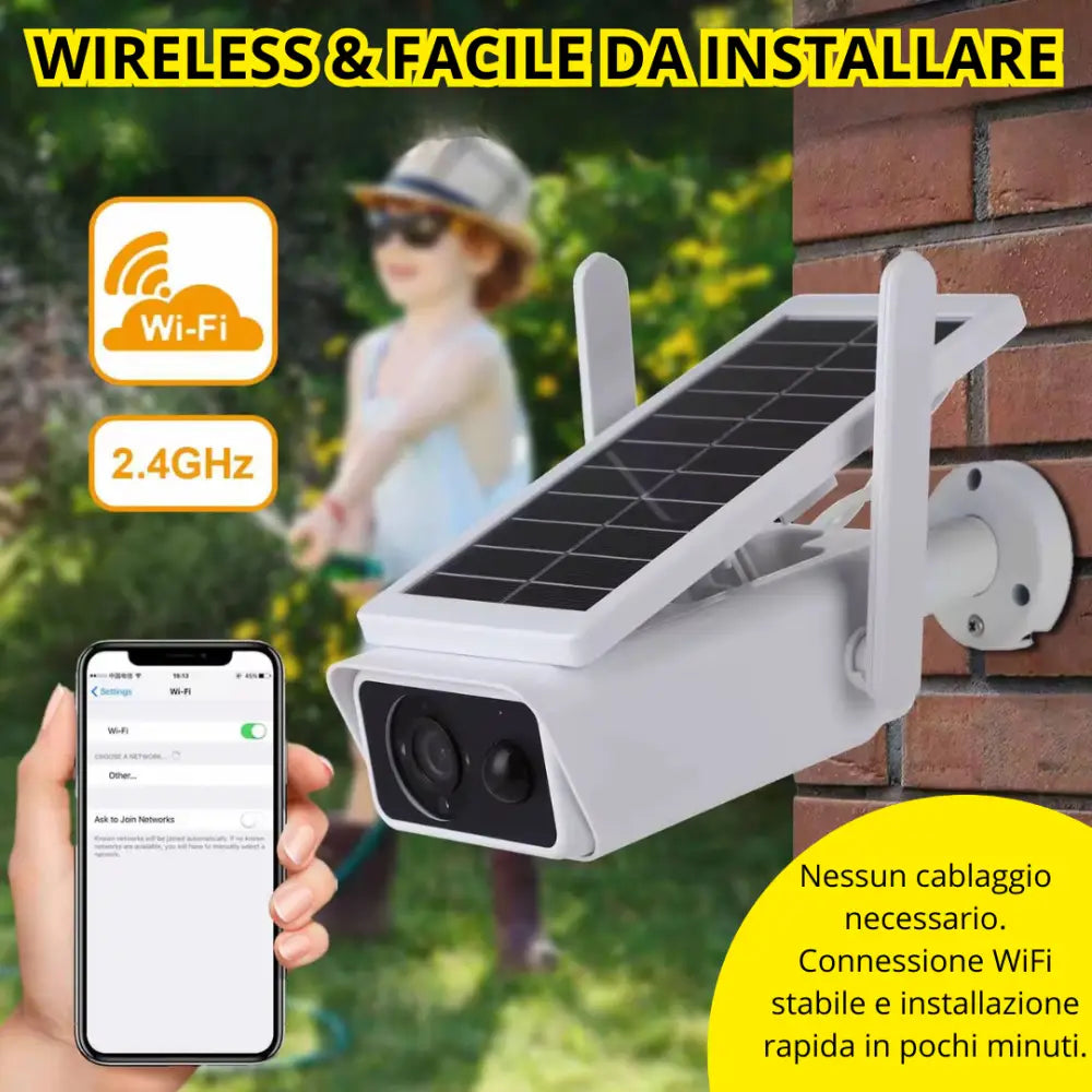 Telecamera WiFi Esterno con Pannello Solare 2MPX Visione Notturna Infrarossi Rilevamento Movimento Audio Bidirezionale
