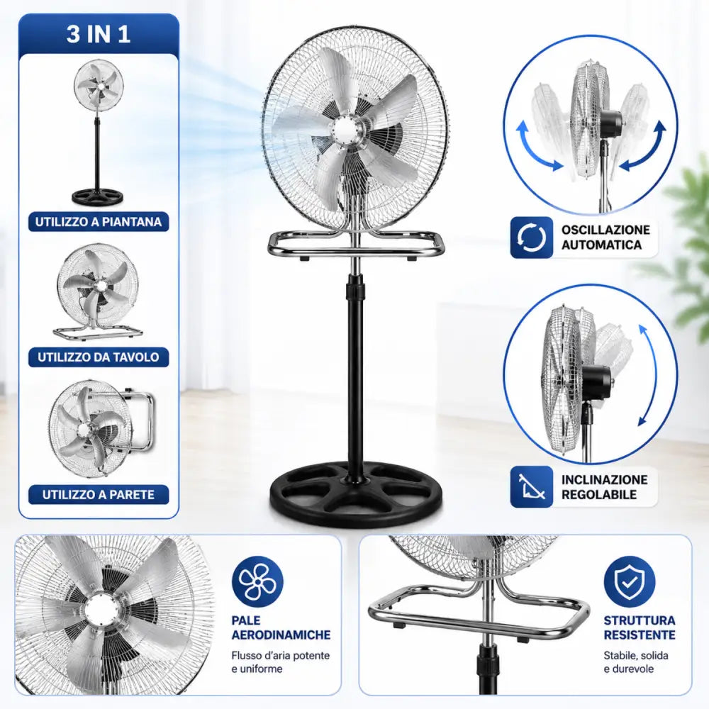 Ventilatore 3 in 1 da Terra e Tavolo Cromato Oscillazione Automatica Altezza Regolabile Potente e Silenzioso.