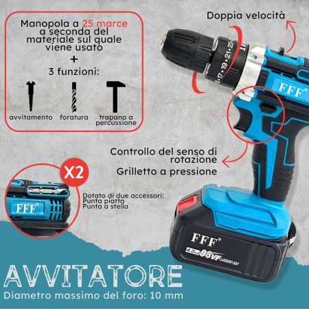 Kit Completo Professionale Fai da Te 4 in 1 con Trapano Avvitatore a Batteria