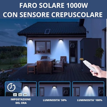 Faretto Led Esterno con Pannello Solare, Faro a Led da Giardino 1000w