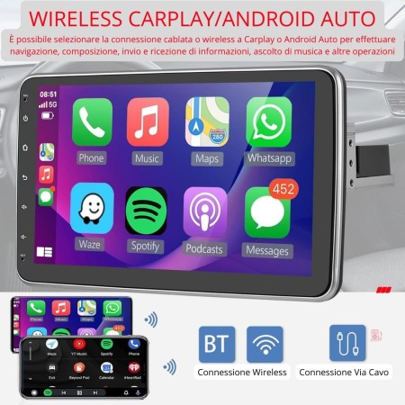 Autoradio Android 1 Din, Radio Carplay Wireless, schermo touch da 10,1 Pollici