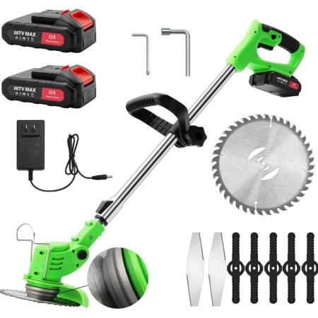 Cordless Brushcutter, 24V Electric Trimmer with 2 Batteries and Metal Blades