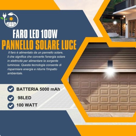 Faro LED Esterno 100W con Pannello Solare, Luce Solare 98 Potenti LED