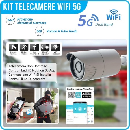 Telecamera Wi-Fi Esterno, Kit Videosorveglianza Wireless, 4 Canali