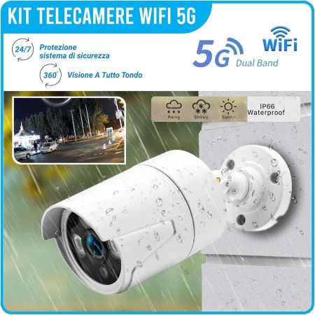 Telecamera Wi-Fi Esterno, Kit Videosorveglianza Wireless, 4 Canali