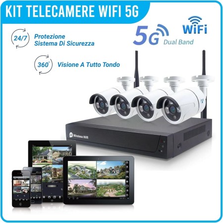 Telecamera Wi-Fi Esterno, Kit Videosorveglianza Wireless, 4 Canali