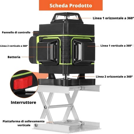 Livella laser Autolivellante 360° 4D, Laser 16 linee Cantiere 3° Autol