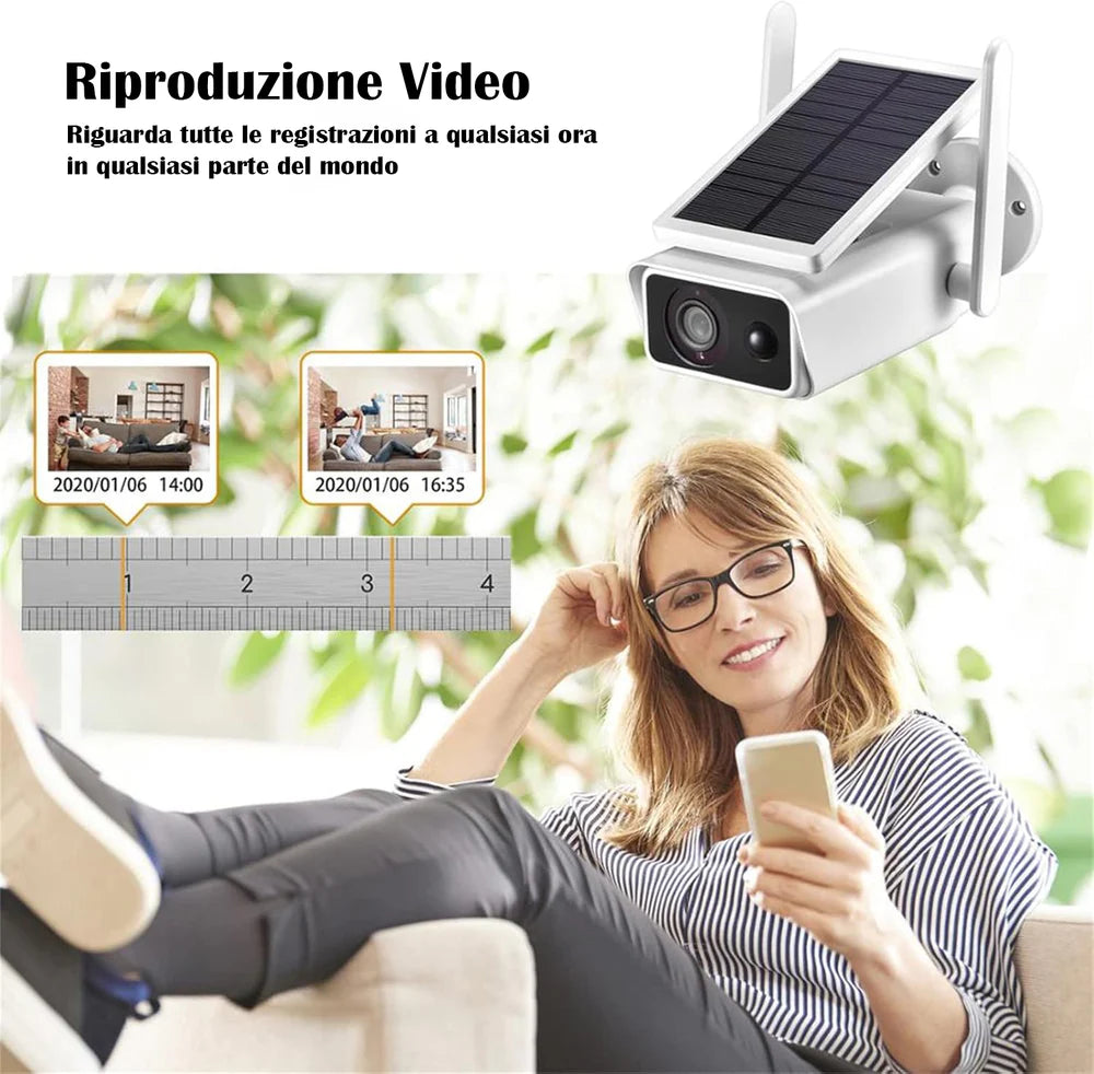 Telecamera WiFi Esterno con Pannello Solare 2MPX Visione Notturna Infrarossi Rilevamento Movimento Audio Bidirezionale