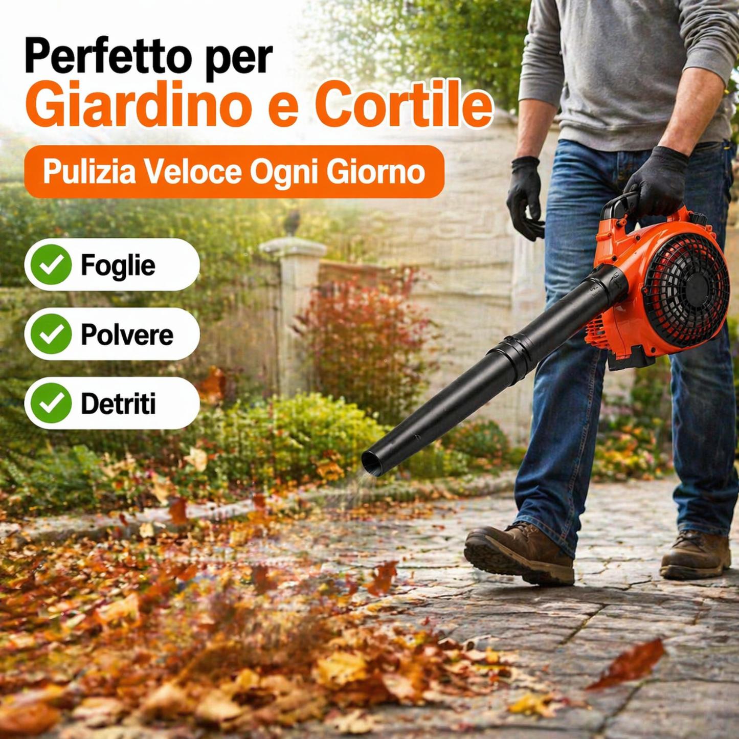 Soffiatore a Scoppio 52CC 2 Tempi, Potente e Pratico per Foglie e Giardino.