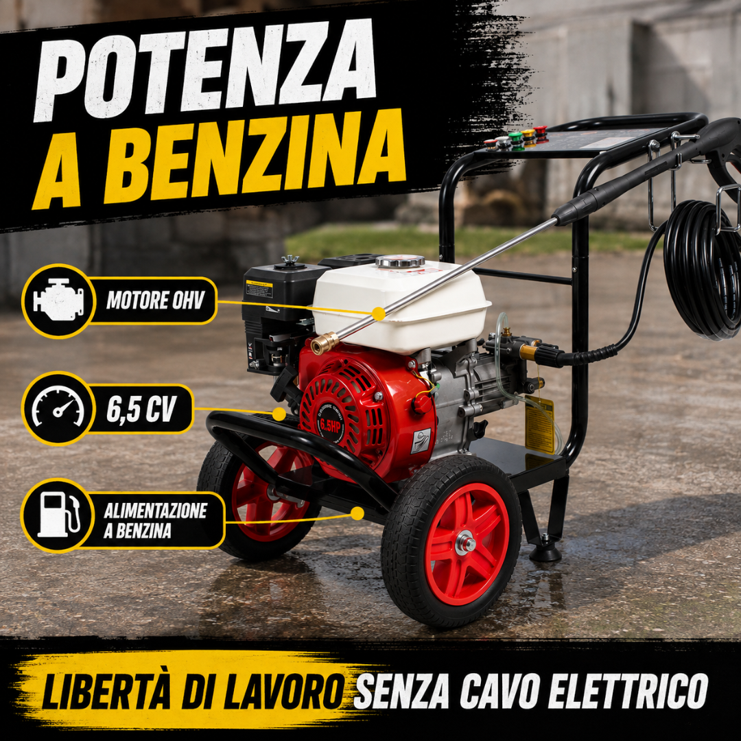 Idropulitrice a Scoppio 200 Bar 6,59 CV Motore OHV a Benzina con Lancia e 5 Ugelli