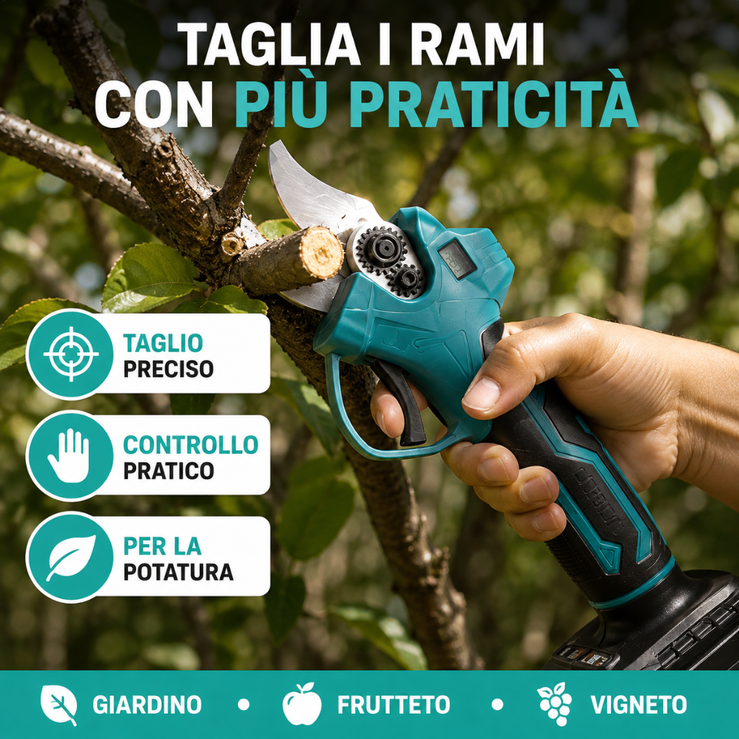Forbici da Potatura a Batteria 48V con Display Digitale e 2 Batterie, Trincia Rami.