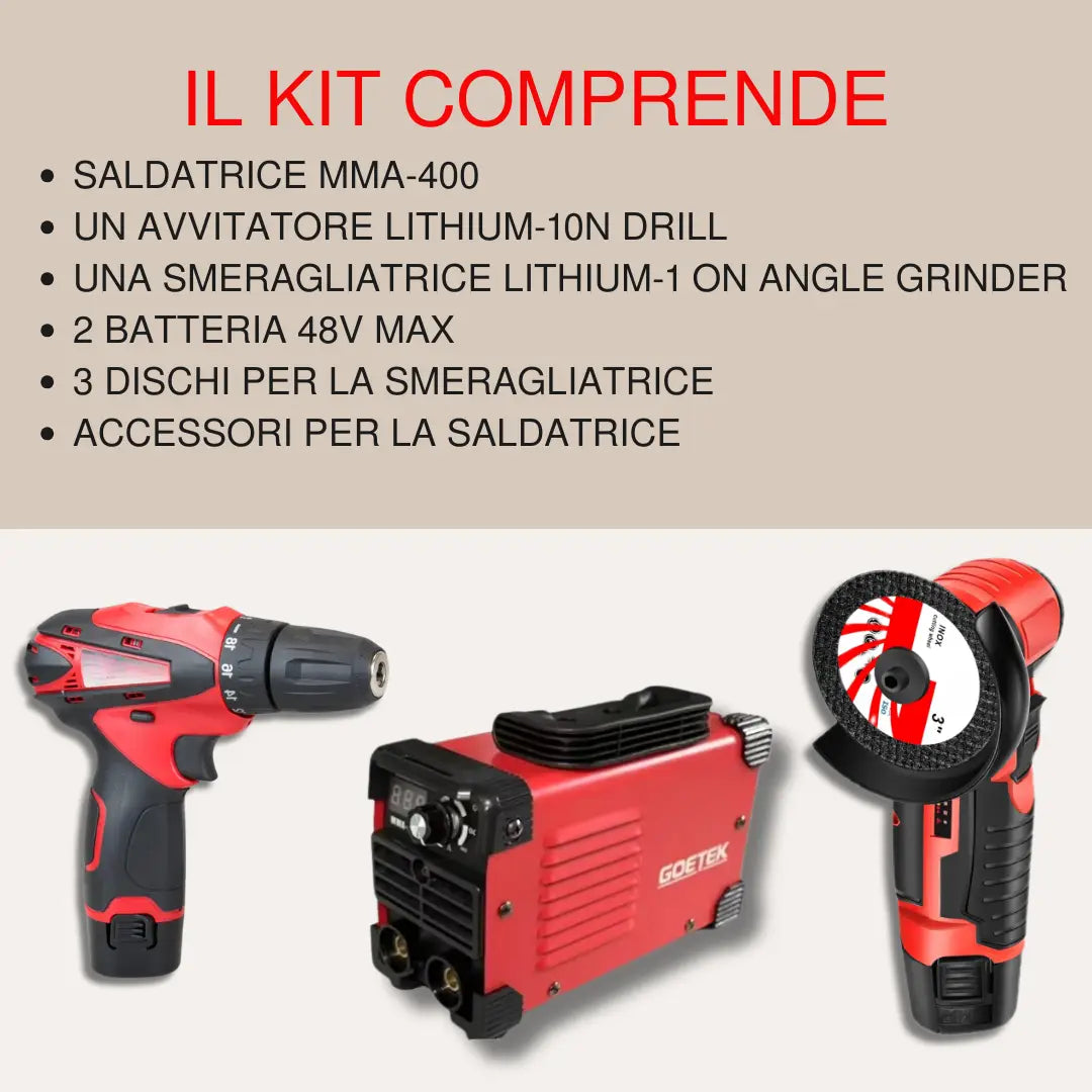 Set Saldatrice Inverter 400A MMA IGBT + Mini Avvitatore + Mini Smerigliatrice con 2 Batterie 48V e Caricatore Kit