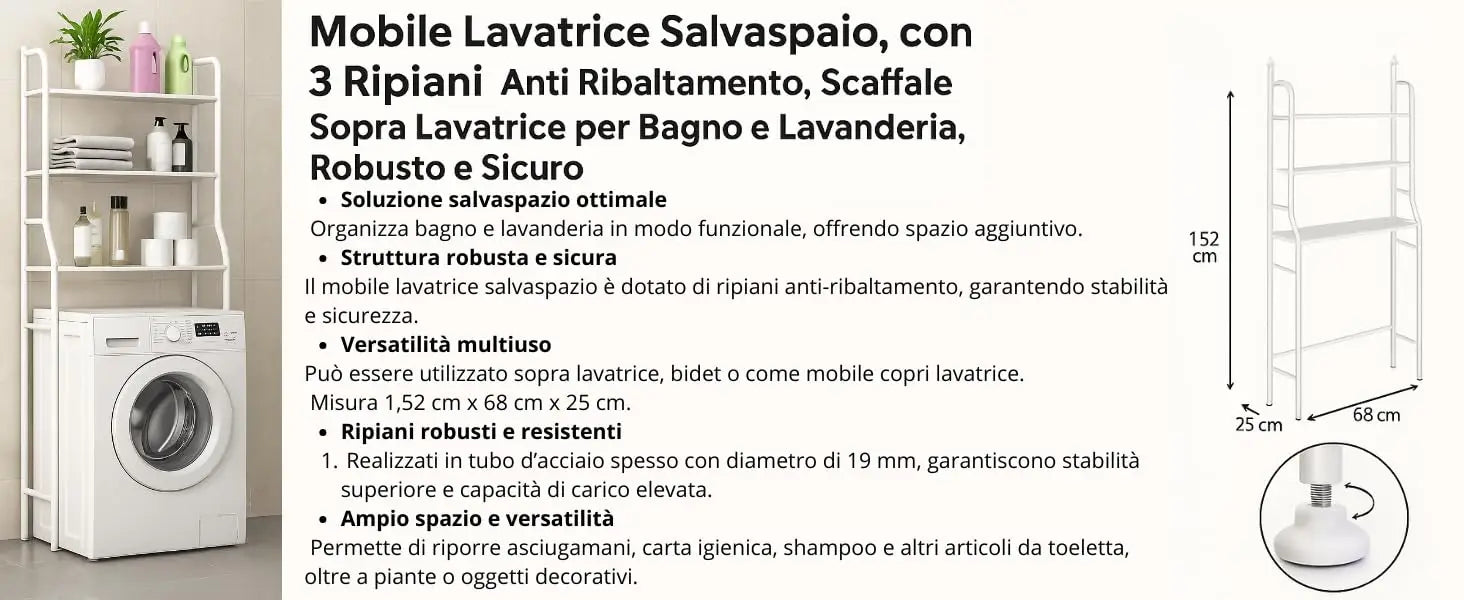 Il testo recita «Mobile Lavatrice Salvaspazio, con Sistema Anti-Allagamento, Scarico, Maniglia» seguito dalle specifiche del prodotto. Schema tecnico dell'unità lavatrice.