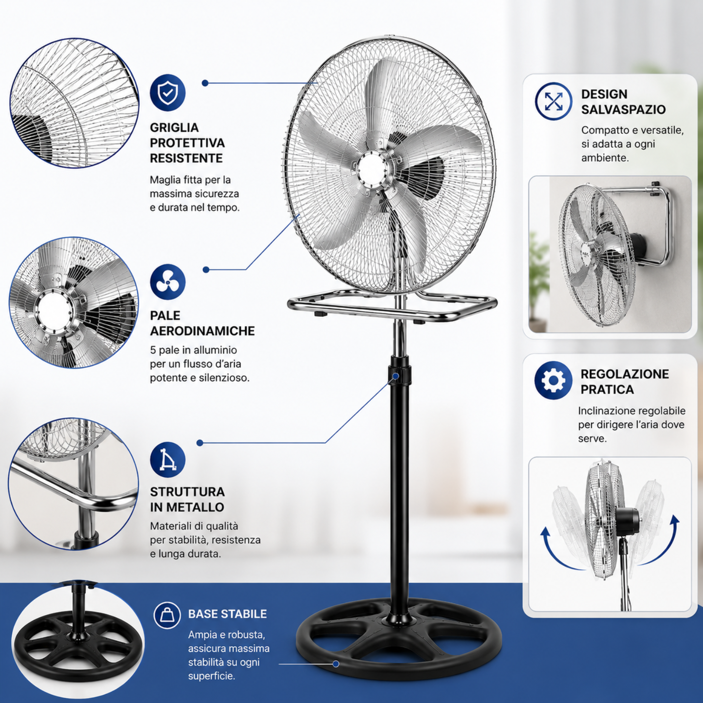 Ventilatore 3 in 1 da Terra e Tavolo Cromato, Oscillazione Automatica, Altezza Regolabile, Potente e Silenzioso.