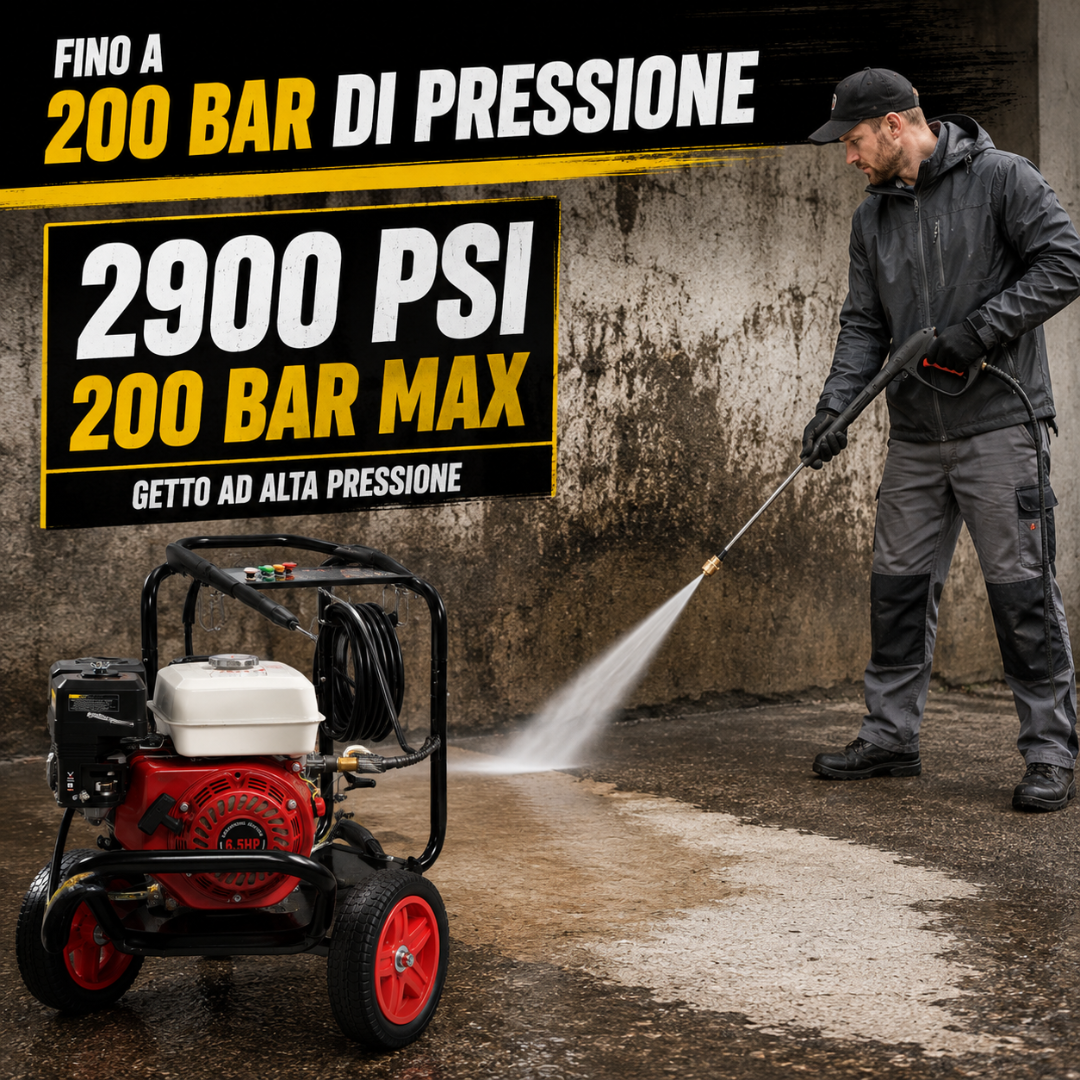 Idropulitrice a Scoppio 200 Bar 6,59 CV Motore OHV a Benzina con Lancia e 5 Ugelli