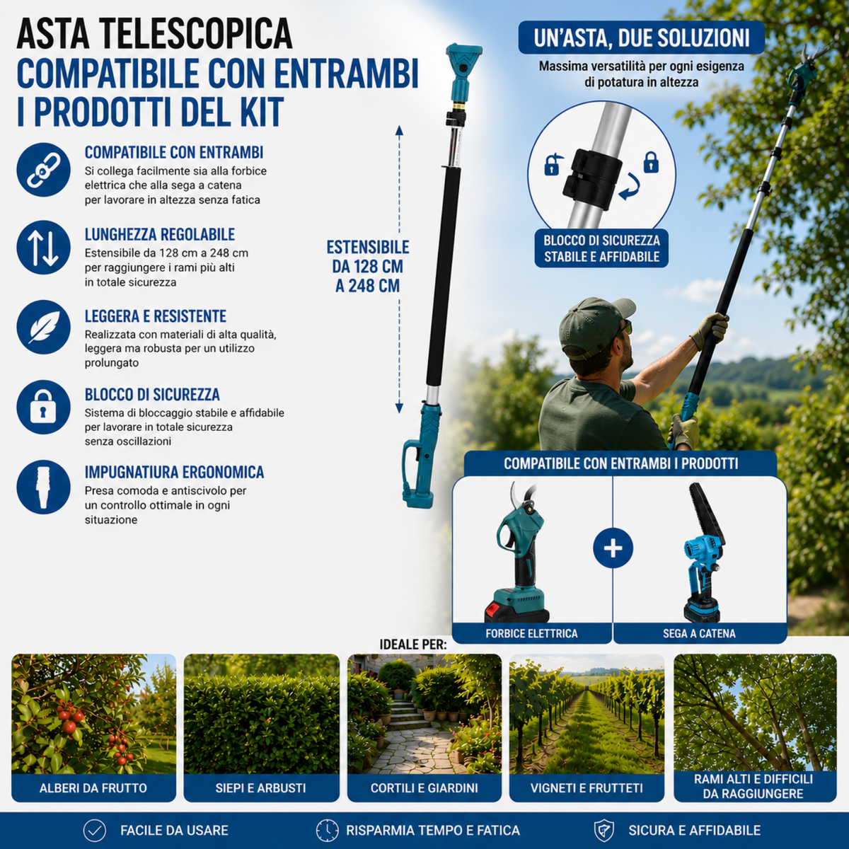 Kit Potatura 3 in 1 - Forbice a Batteria e Motosega 8 Pollici Elettrica con Asta Telescopica 128-248cm, Set Professionale per Giardinaggio con 2 Batterie 48V - DE ROSA SHOP