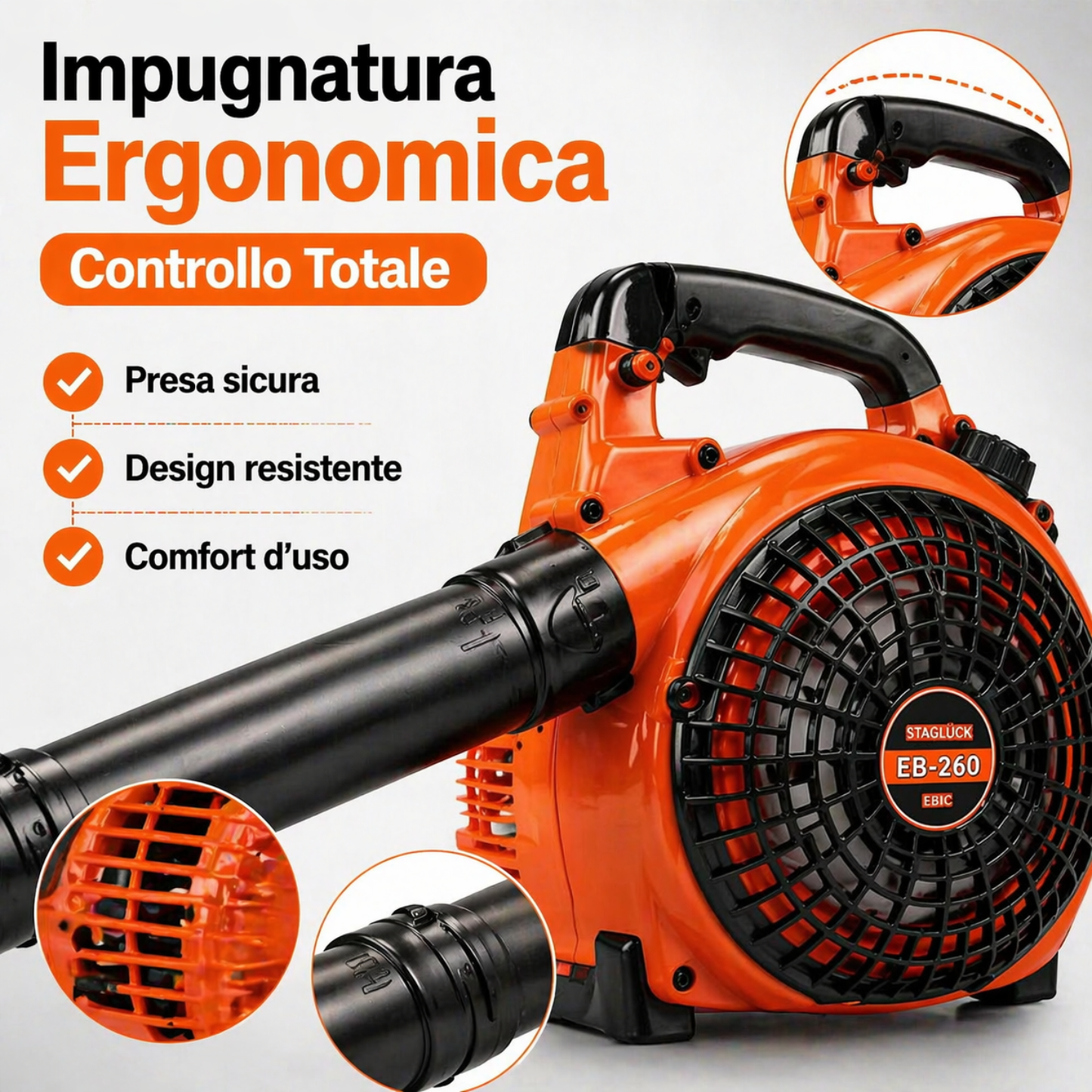 Soffiatore a Scoppio 52CC 2 Tempi, Potente e Pratico per Foglie e Giardino.