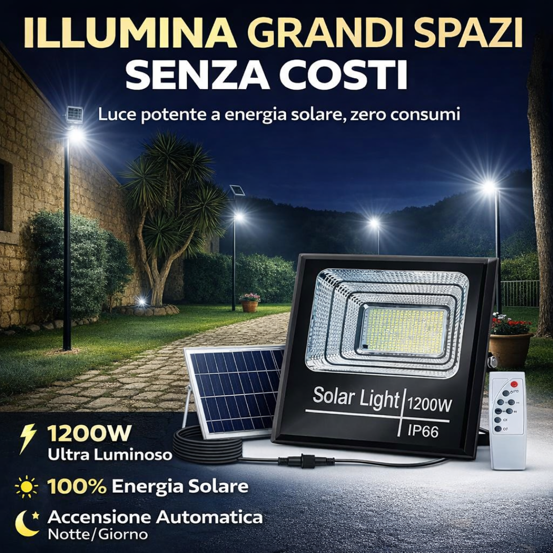 Faro Solare LED 1200W Ultra Potente con Pannello Solare, Telecomando e Sensore Crepuscolare IP67 da Esterno.