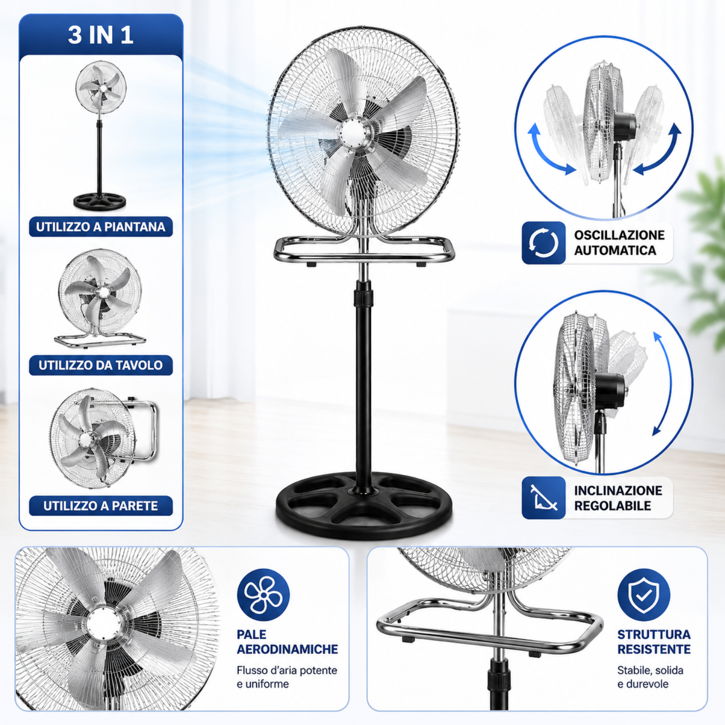 Ventilatore 3 in 1 da Terra e Tavolo Cromato, Oscillazione Automatica, Altezza Regolabile, Potente e Silenzioso.