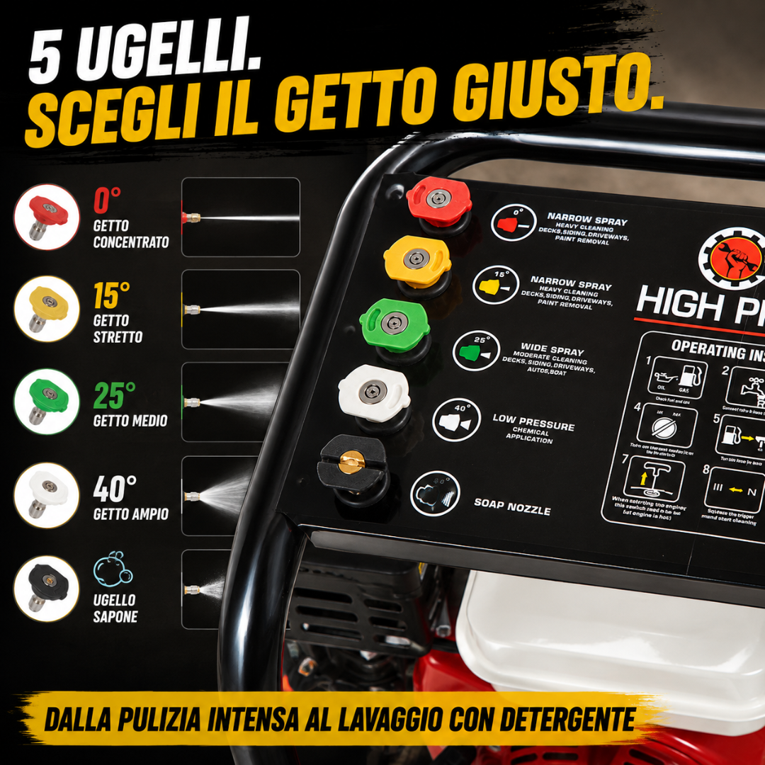 Idropulitrice a Scoppio 200 Bar 6,59 CV Motore OHV a Benzina con Lancia e 5 Ugelli