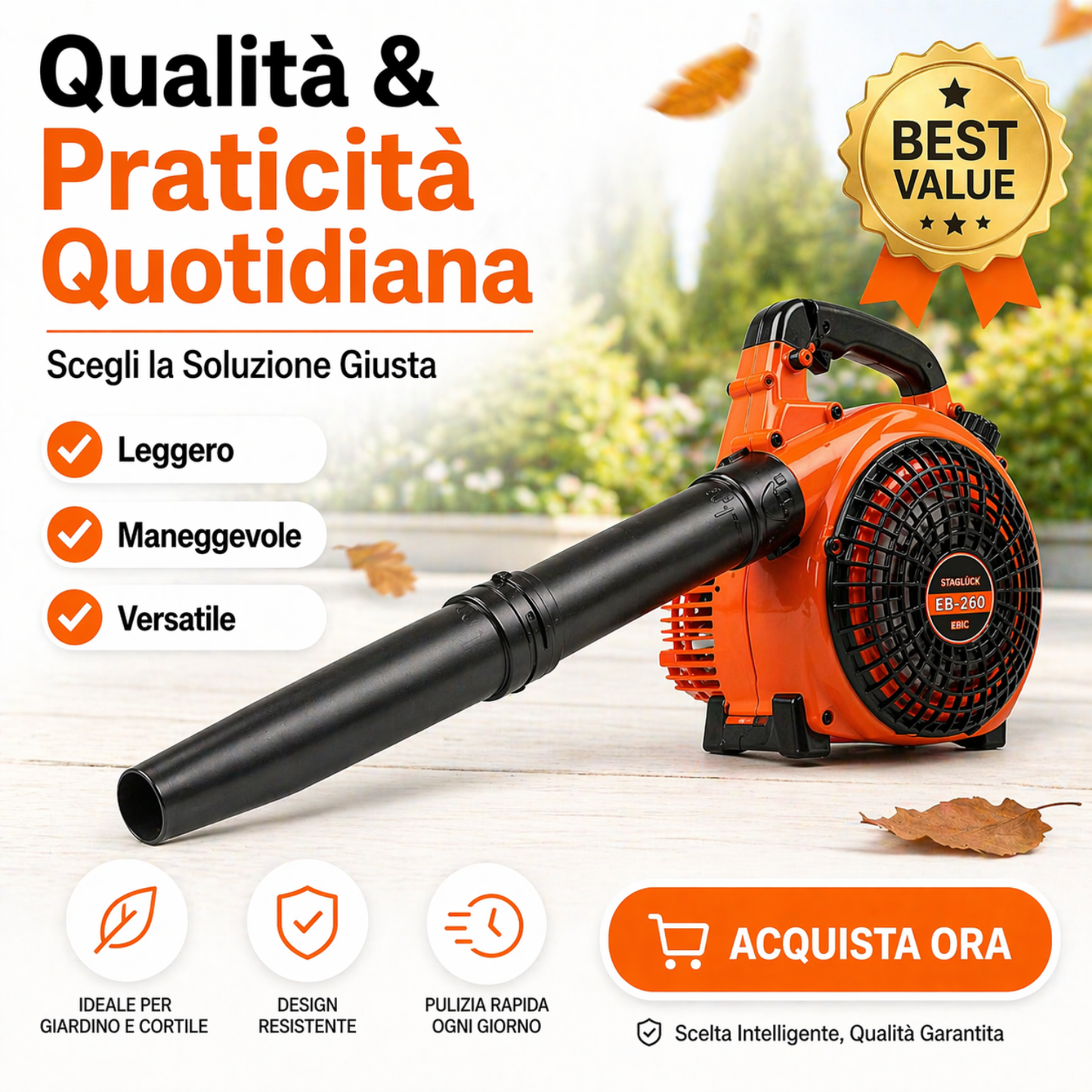 Soffiatore a Scoppio 52CC 2 Tempi, Potente e Pratico per Foglie e Giardino.