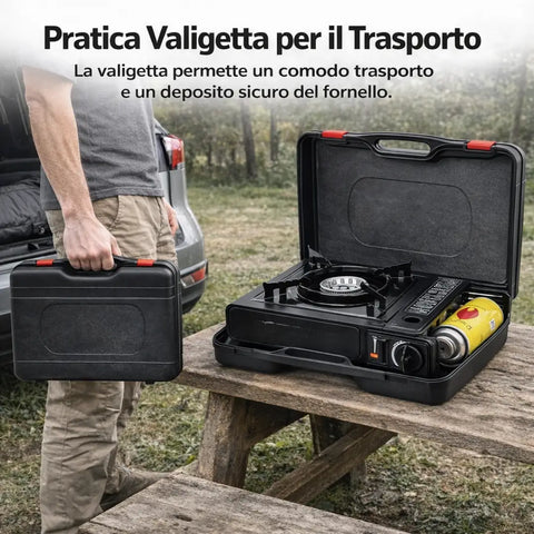 Fornello da Campeggio a Gas Portatile con Valigetta – Sicuro e Facile da Trasportare