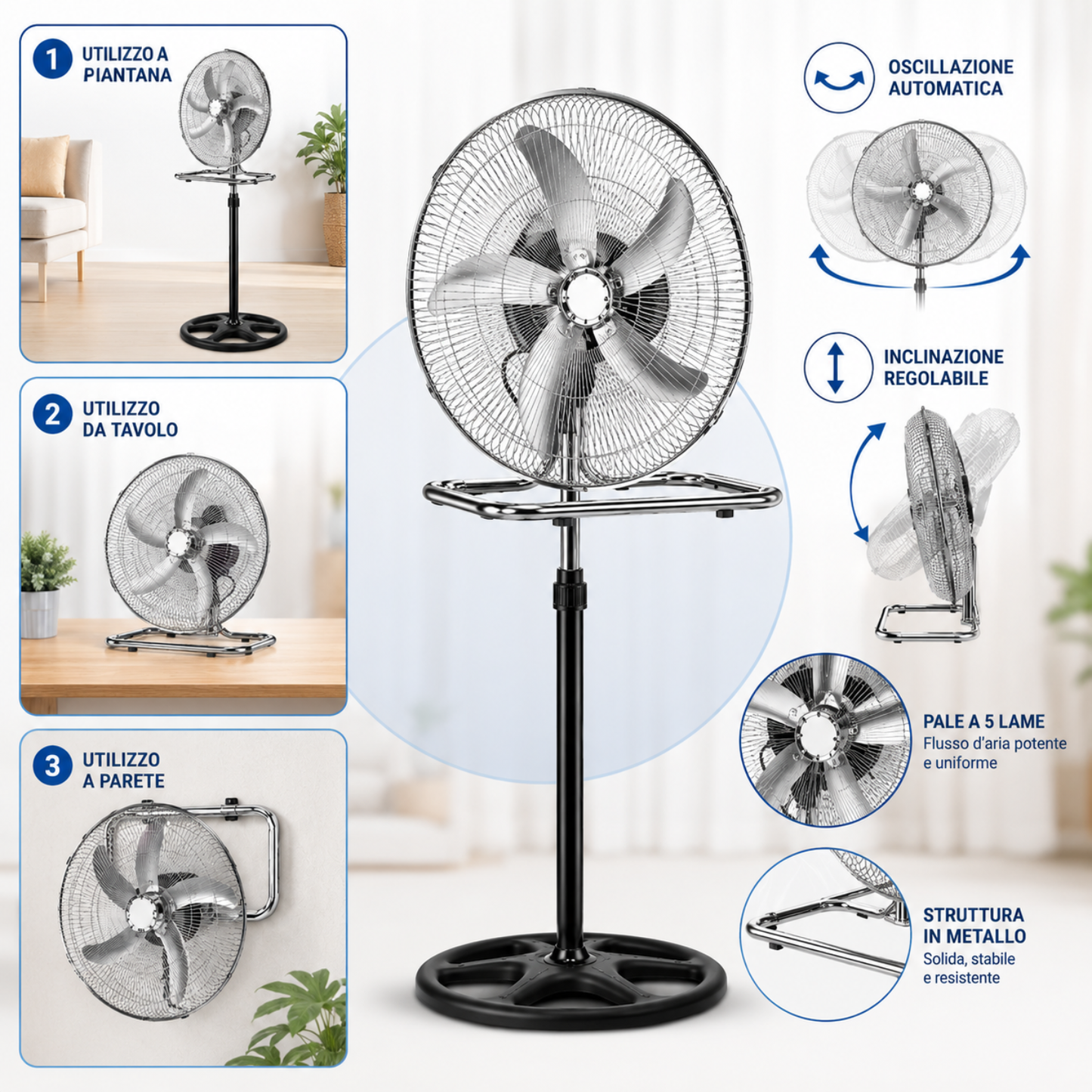 Ventilatore 3 in 1 da Terra e Tavolo Cromato, Oscillazione Automatica, Altezza Regolabile, Potente e Silenzioso.