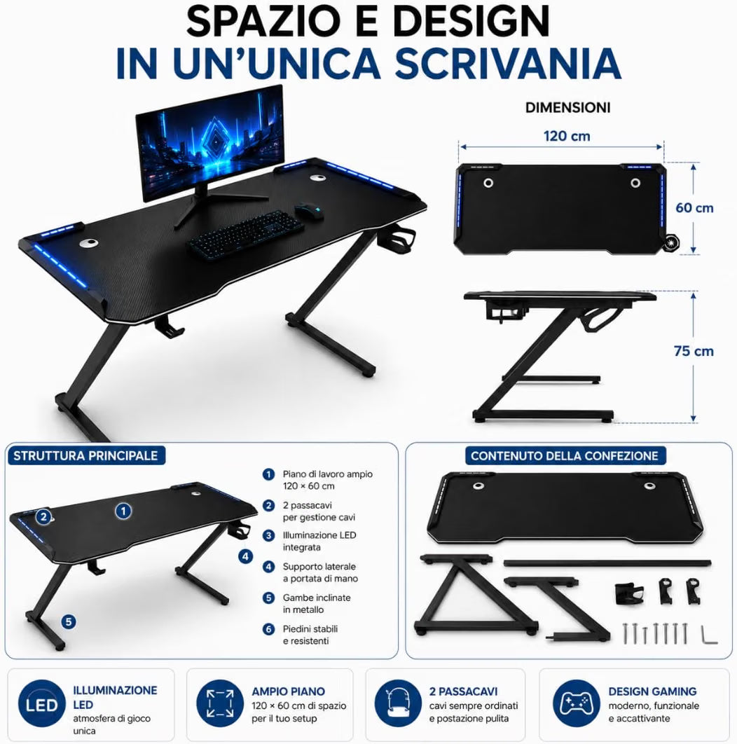 Scrivania Gaming 120x60 cm con LED RGB, Tavolo PC Effetto Fibra di Carbonio con Porta Cuffie e Porta Bicchiere