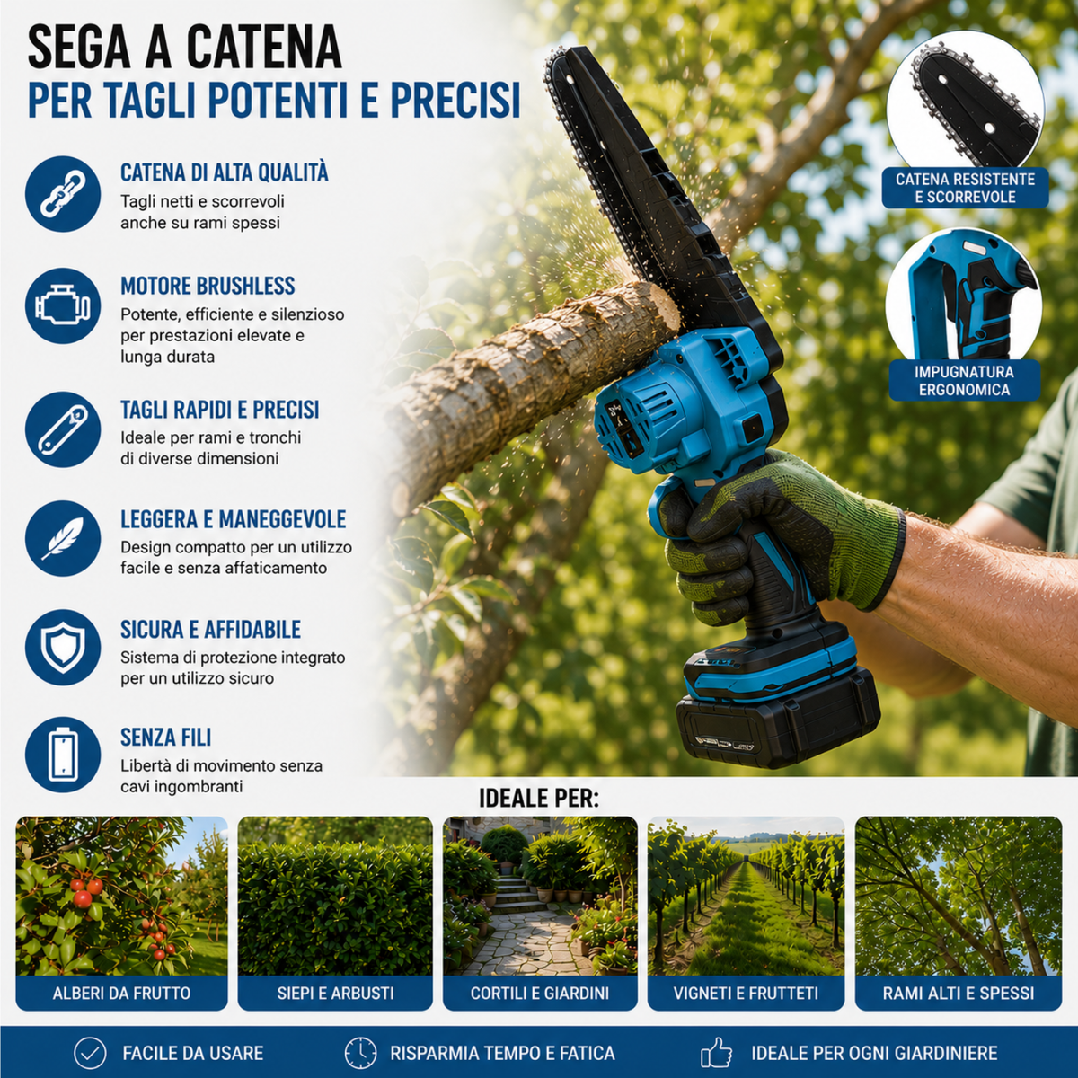 Kit Potatura 3 in 1 - Forbice a Batteria e Motosega 8 Pollici Elettrica con Asta Telescopica 128-248cm, Set Professionale per Giardinaggio con 2 Batterie 48V - DE ROSA SHOP