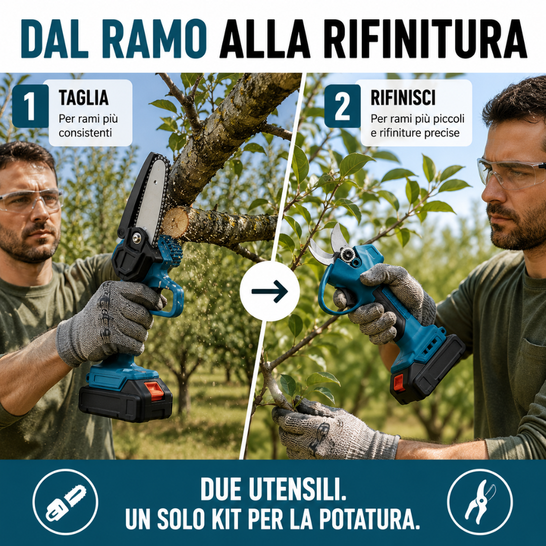 Forbici da Potatura a Batteria + Mini Motosega Elettrica con 2 Batterie 48v.
