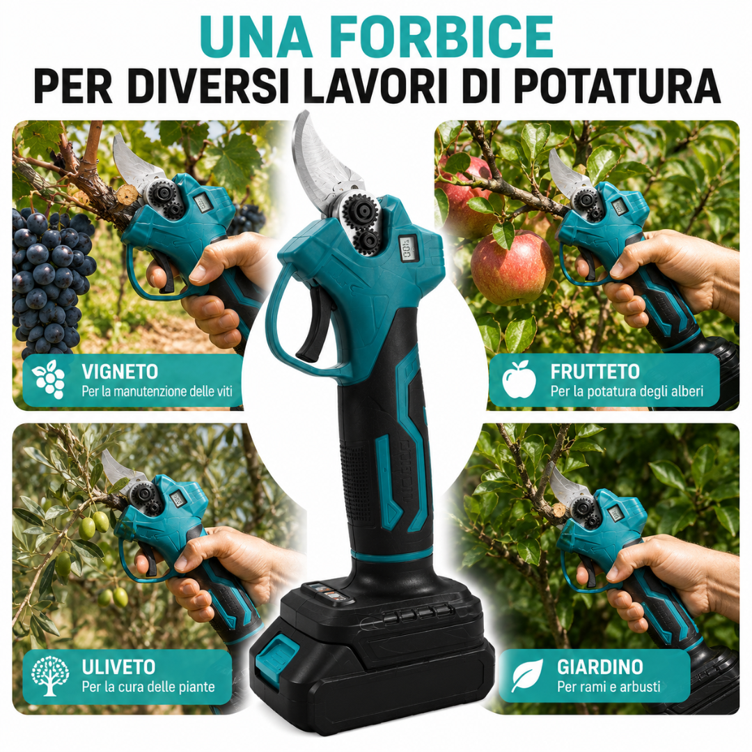 Forbici da Potatura a Batteria 48V con Display Digitale e 2 Batterie, Trincia Rami.