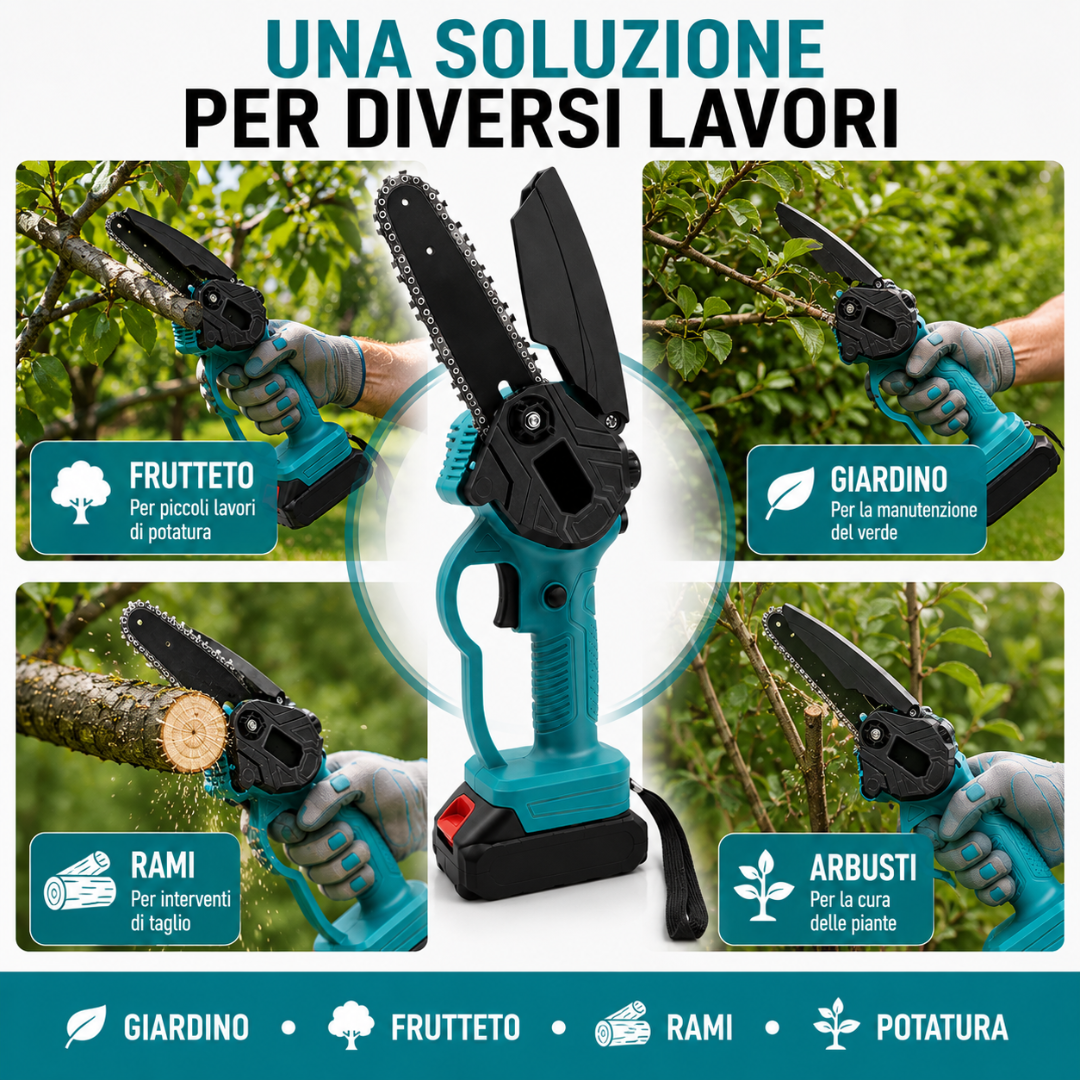 Mini motosega a batteria con barre da 6" e 8" con 2 batterie 48V e oliatore automatico.