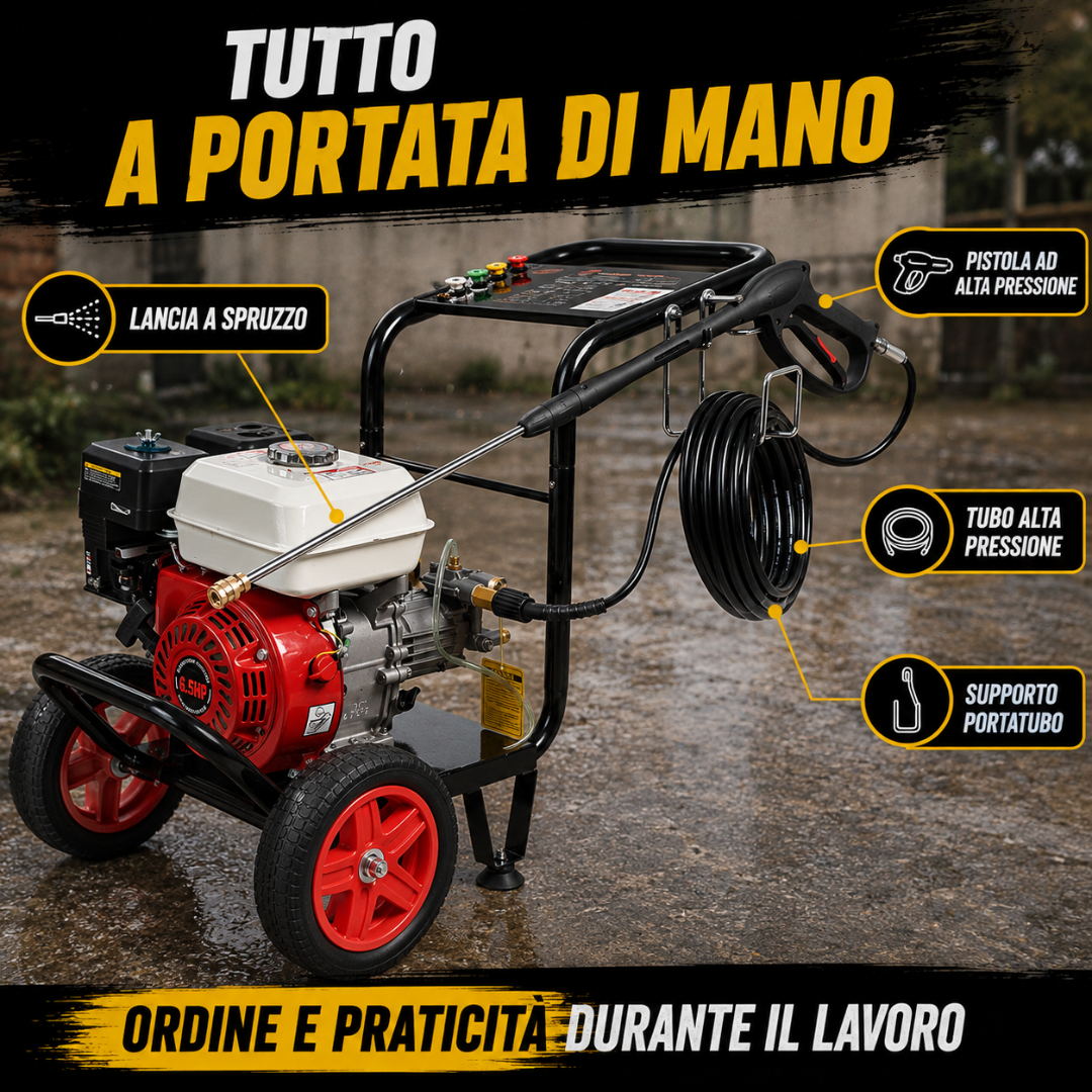 Idropulitrice a Scoppio 200 Bar 6,59 CV Motore OHV a Benzina con Lancia e 5 Ugelli