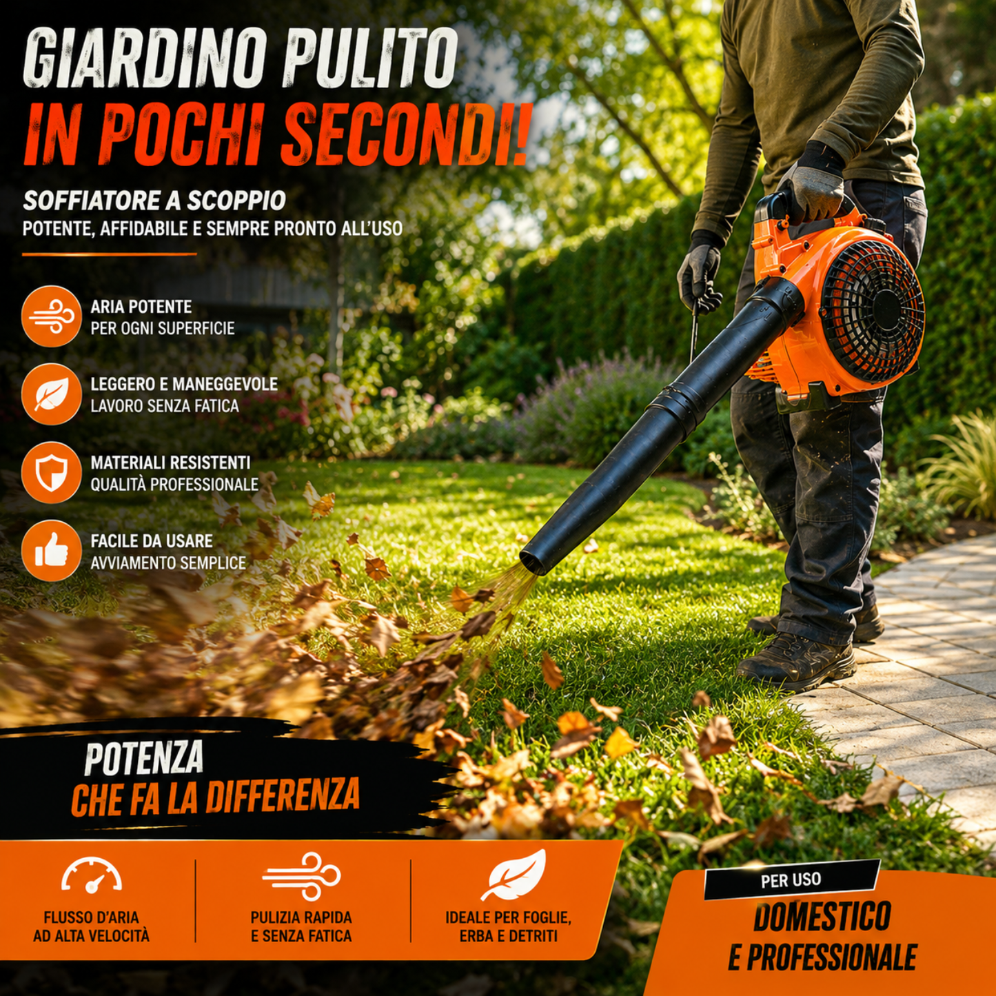 Soffiatore a Scoppio 52CC 2 Tempi, Potente e Pratico per Foglie e Giardino.